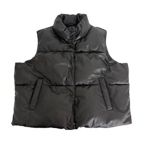 Old Navy Womens Large Faux Leather Puffer Vest Quilted Black SnapFront HighNeck